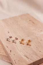 Load image into Gallery viewer, Zirconia Cross 18K Gold Earrings Detail
